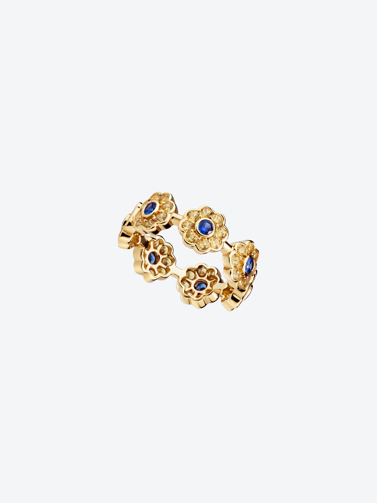 DAISY L RING IN YELLOW GOLD, BLUE SAPPHIRE AND YELLOW SAPPHIRE