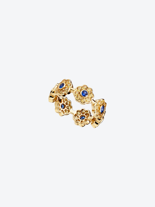 BAGUE DAISY L EN OR JAUNE, SAPHIRS BLEUS ET SAPHIRS JAUNES
