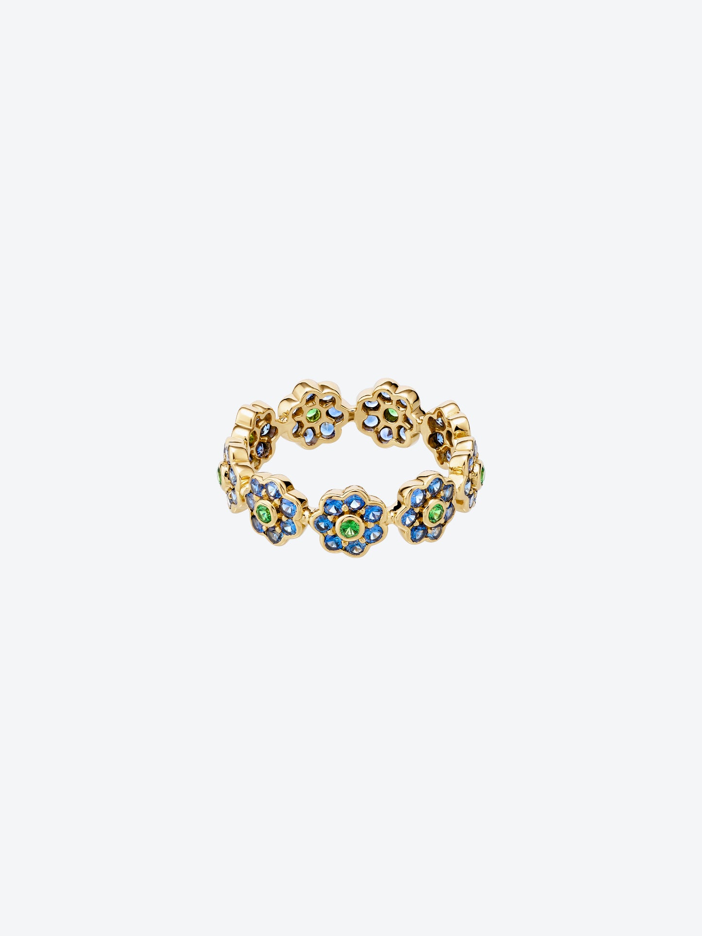 DAISY S RING IN YELLOW GOLD, TSAVORITE GARNETS AND BLUE SAPPHIRE