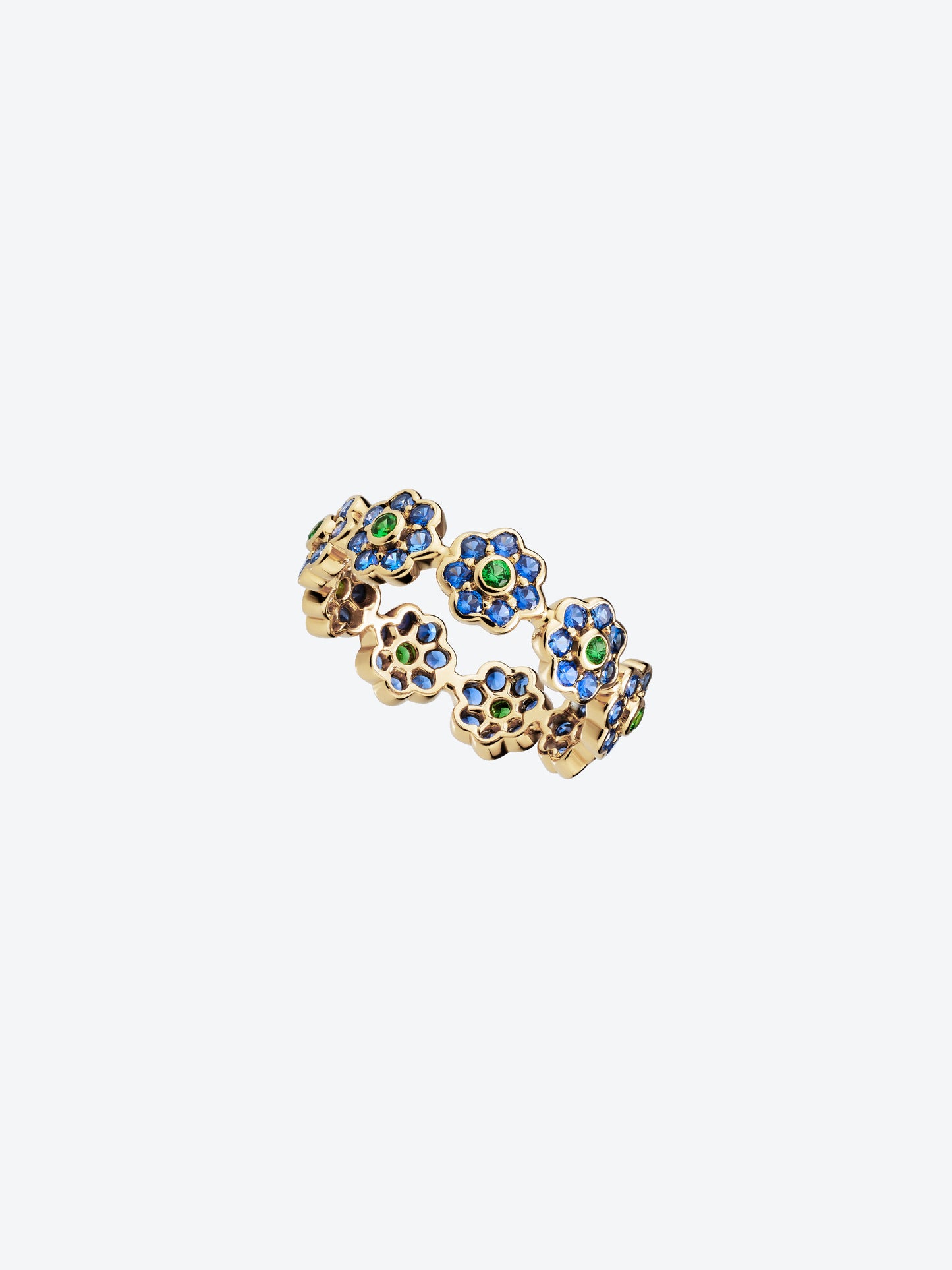 DAISY S RING IN YELLOW GOLD, TSAVORITE GARNETS AND BLUE SAPPHIRE