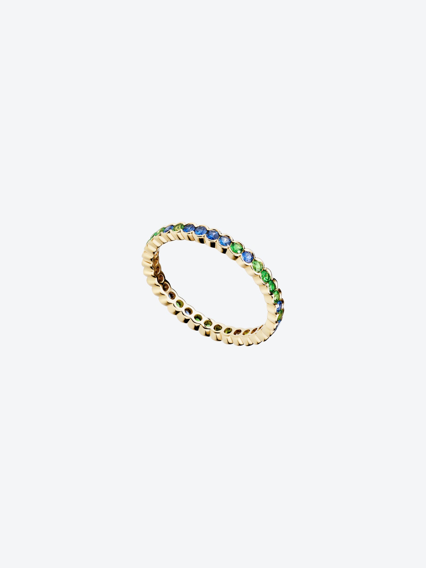 ALLIANCE FESTONNEE RING IN YELLOW GOLD, BLUE SAPPHIRE AND TSAVORITE GARNETS