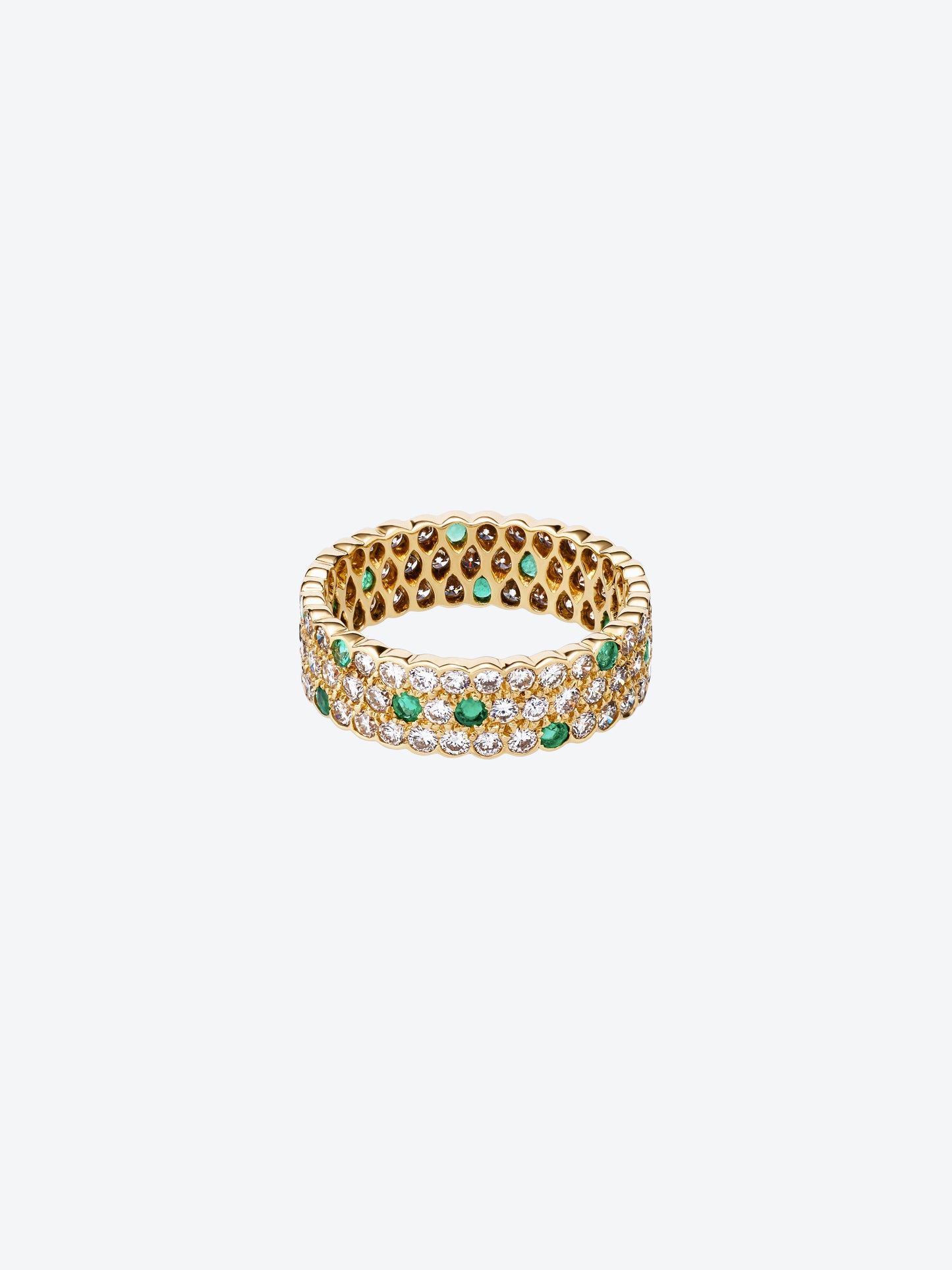 3 ROW ALLIANCE FESTONNEE RING IN YELLOW GOLD, DIAMONDS AND EMERALDS