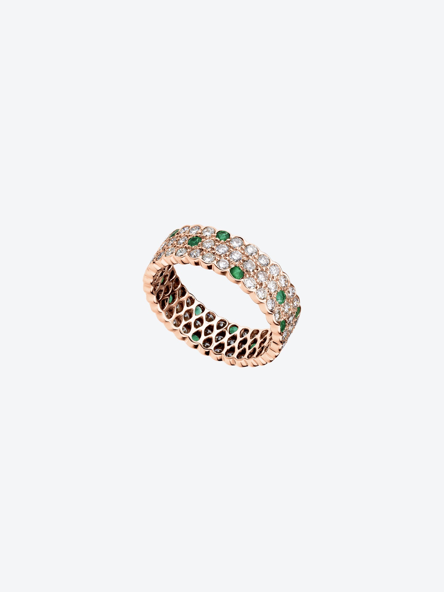 3 ROW ALLIANCE FESTONNEE RING IN ROSE GOLD, DIAMONDS AND EMERALDS