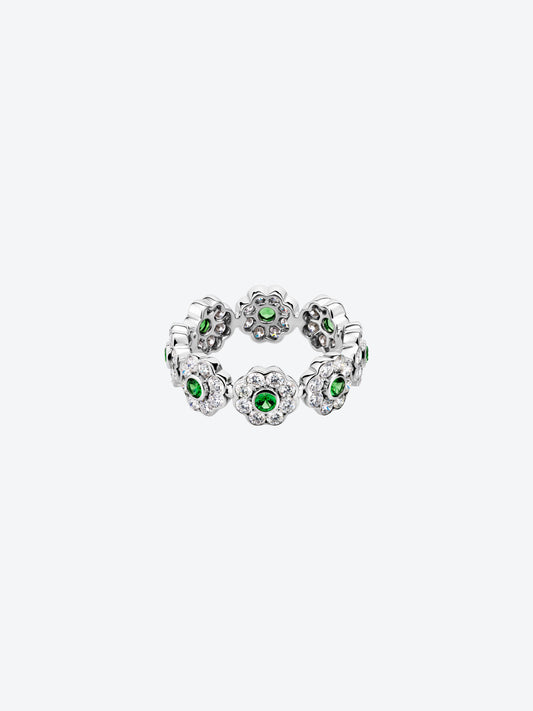 DAISY L RING IN WHITE GOLD, DIAMONDS AND TSAVORITE GARNETS