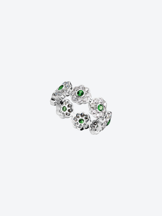 DAISY L RING IN WHITE GOLD, DIAMONDS AND TSAVORITE GARNETS