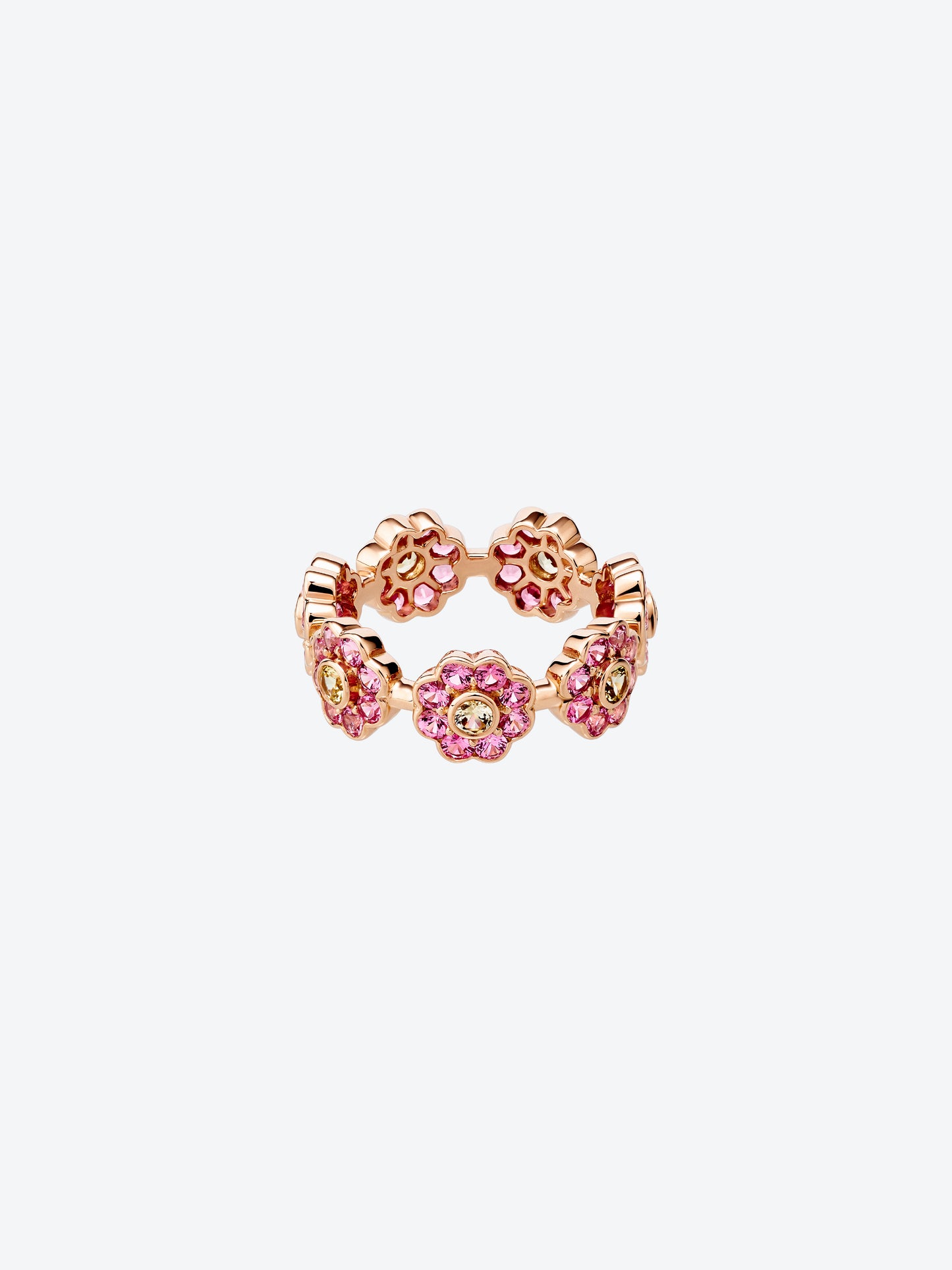 BAGUE DAISY L EN OR ROSE, SAPHIRS JAUNES ET SPINELLES ROSES