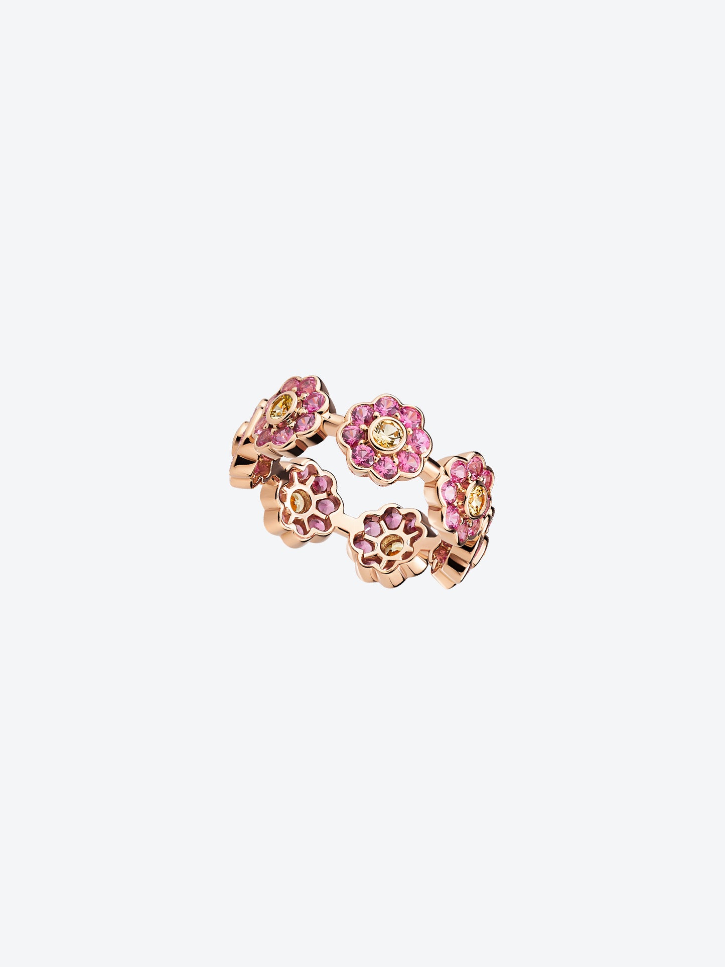 BAGUE DAISY L EN OR ROSE, SAPHIRS JAUNES ET SPINELLES ROSES