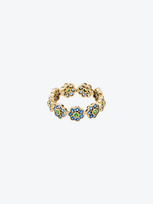 DAISY S RING IN YELLOW GOLD, TSAVORITE GARNETS AND BLUE SAPPHIRE