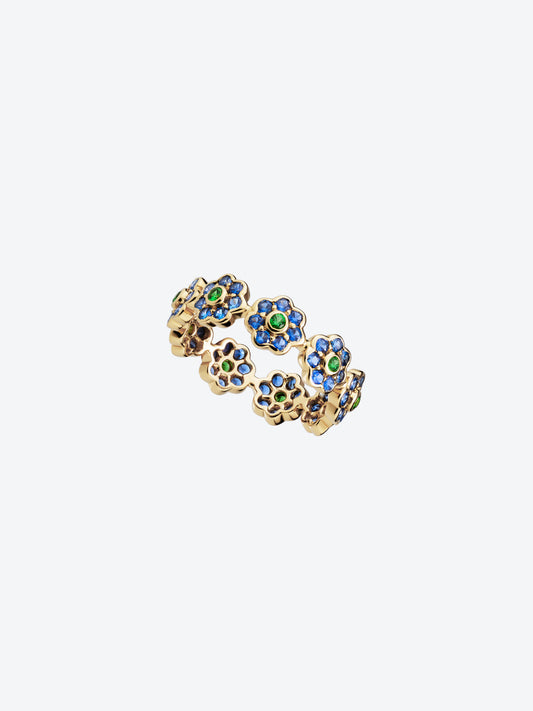 DAISY S RING IN YELLOW GOLD, TSAVORITE GARNETS AND BLUE SAPPHIRE