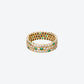 3 ROW SCALLOWED RING IN YELLOW GOLD, DIAMONDS AND EMERALDS