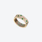 3 ROW SCALLOWED RING IN YELLOW GOLD, DIAMONDS AND EMERALDS