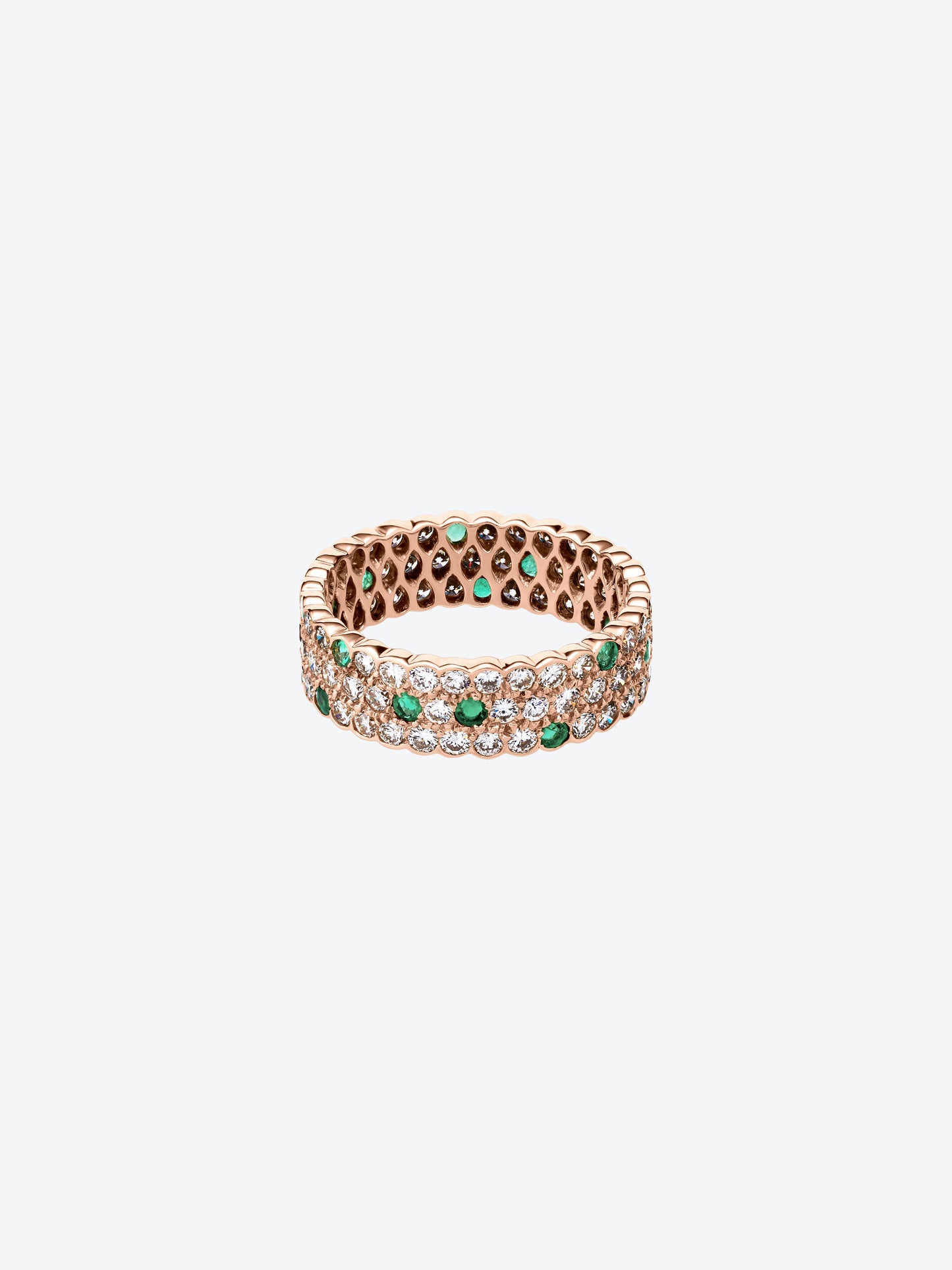 3 ROW SCALLOWED RING IN ROSE GOLD, DIAMONDS AND EMERALDS