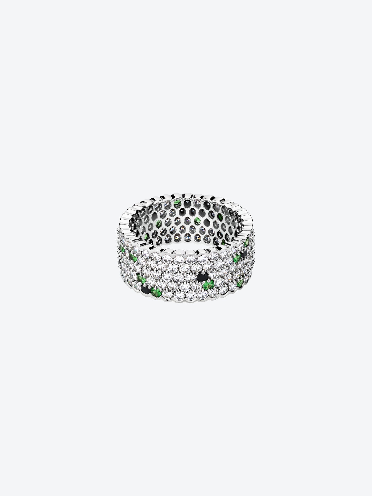 5-ROW SCALLOWED RING IN WHITE GOLD, DIAMONDS, BLACK SPINELS AND TSAVORITES GARNETS