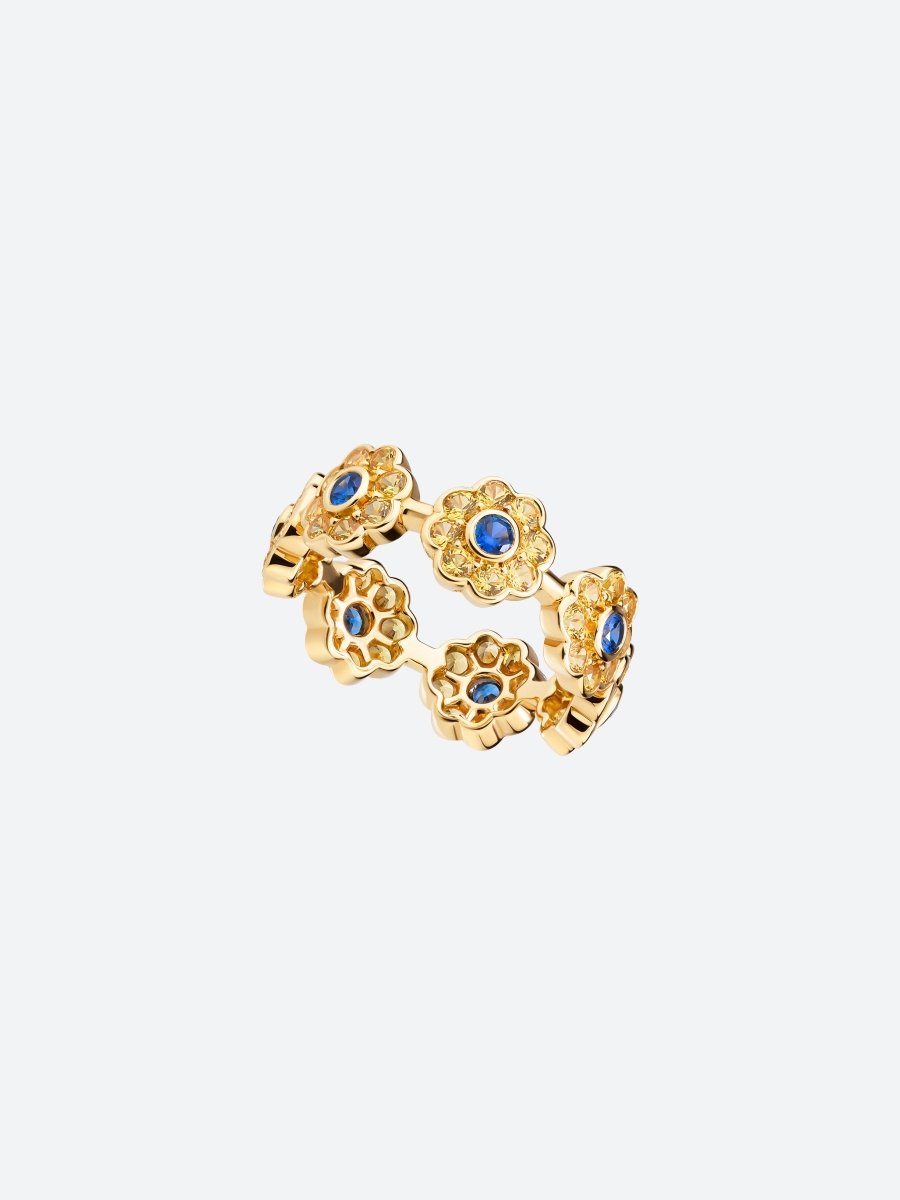 BAGUE DAISY L EN OR JAUNE, SAPHIRS BLEUS ET SAPHIRS JAUNES - Copin