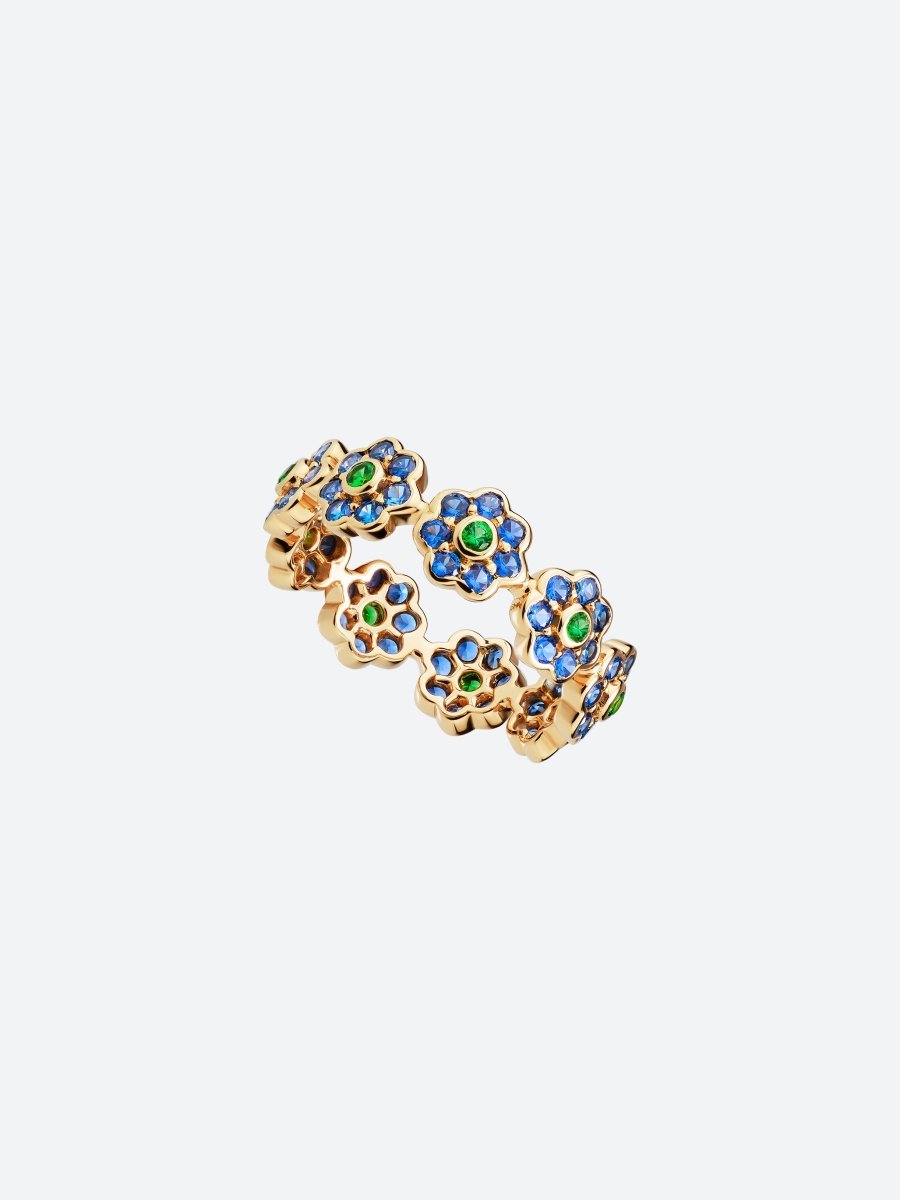 BAGUE DAISY S EN OR JAUNE, GRENATS TSAVORITES ET SAPHIRS BLEUS - Copin