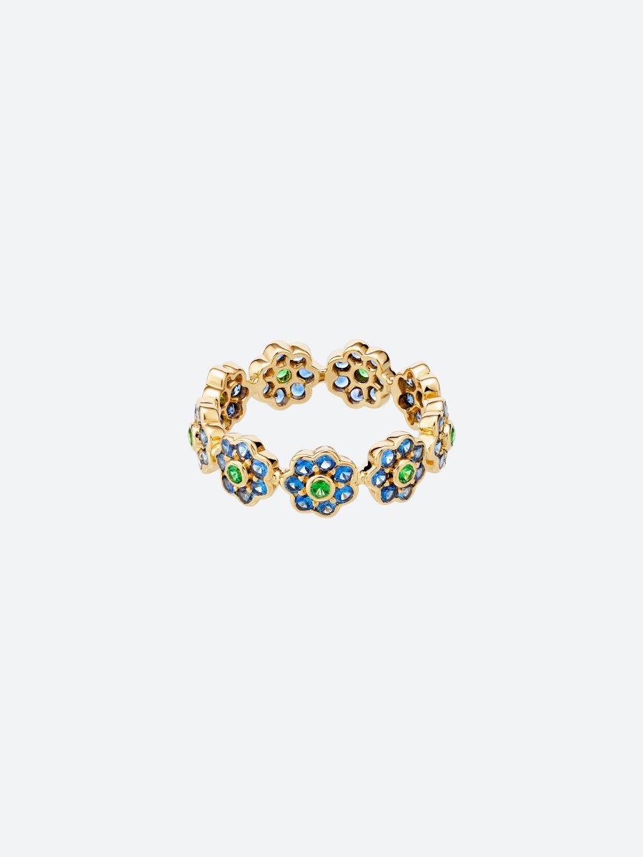 BAGUE DAISY S EN OR JAUNE, GRENATS TSAVORITES ET SAPHIRS BLEUS - Copin